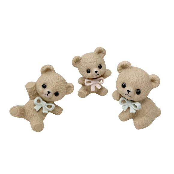 Vintage Homco Flip Ann Flop Ceramic Bears Figurines Set of 3 Bows 3 Inch Minis - Picture 1 of 7